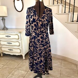LBISSE Womens Medium A-line Dress Navy Blue Tan Floral Stretch Retro V-neck